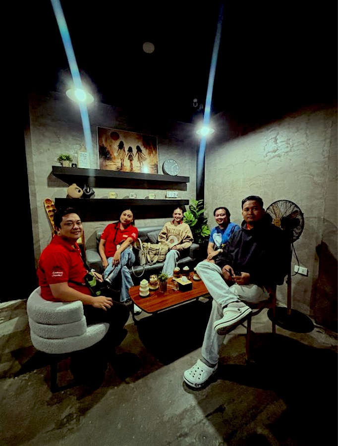 A group around the low table with coffee and matcha